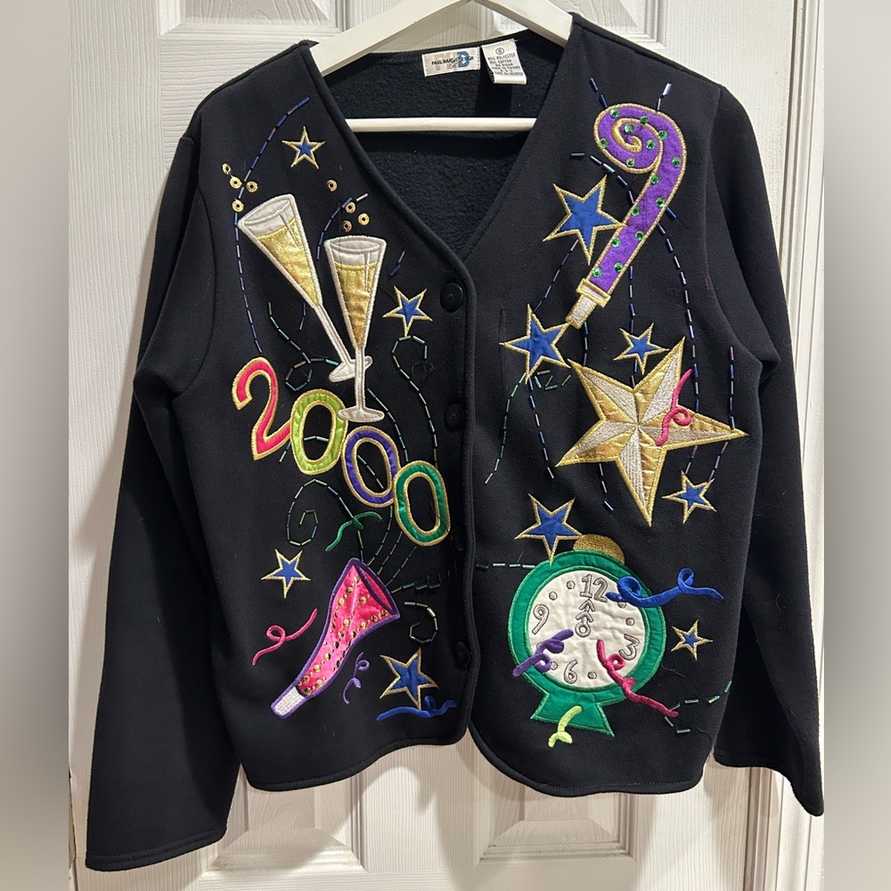 Y2K Paul Harris Design New Year’s Eve 2000 Embroidered Appliqué Cardigan